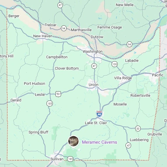 Map showing part of east-central Missouri with towns, highways, and Meramec Caverns marked near Sullivan. Major roads like I-44 and Highway 50, along with towns such as Union, Washington, and Leslie, are labeled.