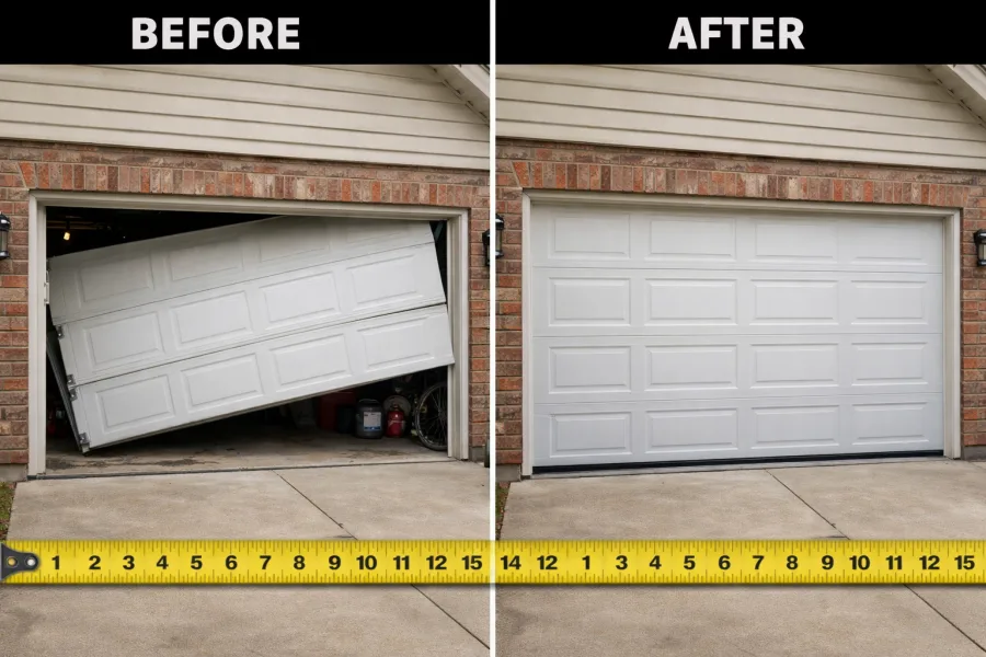Split image showing a broken, tilted garage door labeled Before on the left, and a fully repaired, closed garage door labeled After on the right. A yellow measuring tape is stretched across the bottom.