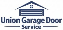 Logo for Union Garage Door Service, featuring a house roof with a garage door icon above the company name in blue text. The words Union Garage Door are bold, with Service underneath in smaller font.
