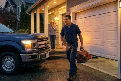 A man in work clothes carrying a tool bag walks away from a garage as a blue truck pulls into the driveway. A woman stands outside the house, appearing relieved or happy. It is evening and the house lights are on.