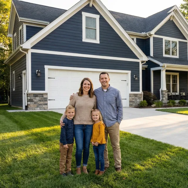 A smiling family of four stands on the lawn in front of a blue house with white trim and a double garage. The parents stand behind their two young children on a sunny day. A smiling family of four stands on the lawn in front of a blue house with white trim and a double garage. The parents stand behind their two young children on a sunny day.