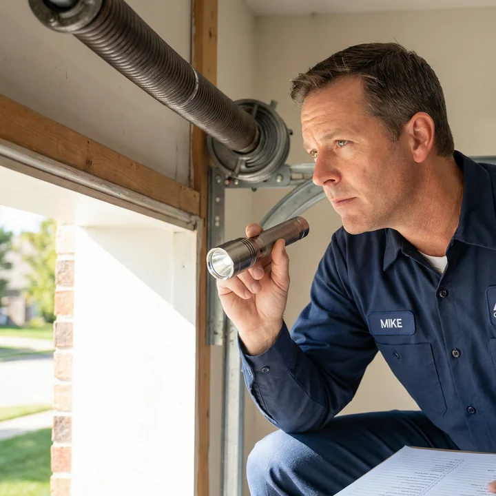 A repair professional in a blue uniform, holding a flashlight, closely inspects a garage door mechanism. Sunlight comes through the partially open door, and the workers name tag reads Mike.