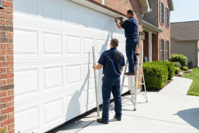 Two men in blue uniforms work on a white garage door of a brick house. One stands on a ladder using a power tool, while the other holds a metal rod, both performing maintenance or repair.