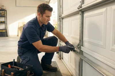A technician in blue work clothes and gloves kneels beside a white garage door, using a tool to repair its mechanism. A black toolbox with various tools is placed nearby on the floor.