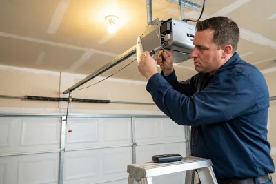 A man standing on a ladder repairs a garage door opener with tools in a residential garage. A remote control rests nearby, and the garage door is closed.