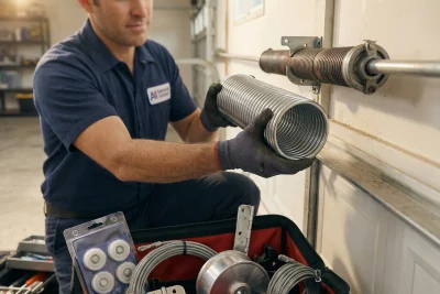 A repair technician wearing gloves installs a coiled metal spring on a garage door mechanism, with a tool bag containing various parts and tools visible in the foreground.