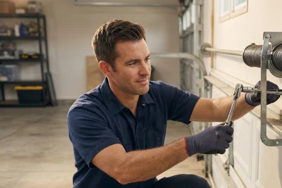 A man wearing gloves and a blue work uniform uses a wrench to repair a garage door mechanism inside a garage. Shelves with tools and storage boxes are visible in the background.