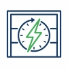 A graphic icon of a clock with a green lightning bolt in the center, surrounded by a blue square outline.