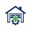 Icon of a house with a partially open garage door, a green upward arrow, and a gear symbol below, representing garage automation or smart garage technology.