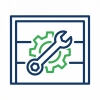 Icon of a wrench over a gear inside a rectangular frame, symbolizing maintenance, repair, or technical settings. The wrench is blue and the gear is green, illustrated with simple lines.