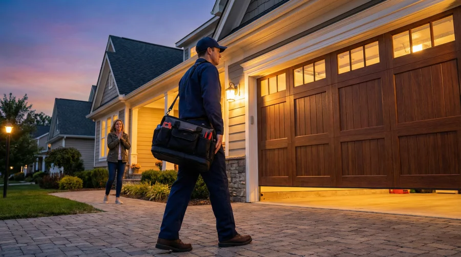 A repair technician walks toward a house with a tool bag at dusk, while a woman stands outside near the garage, smiling. The garage door is open and the house lights are on.