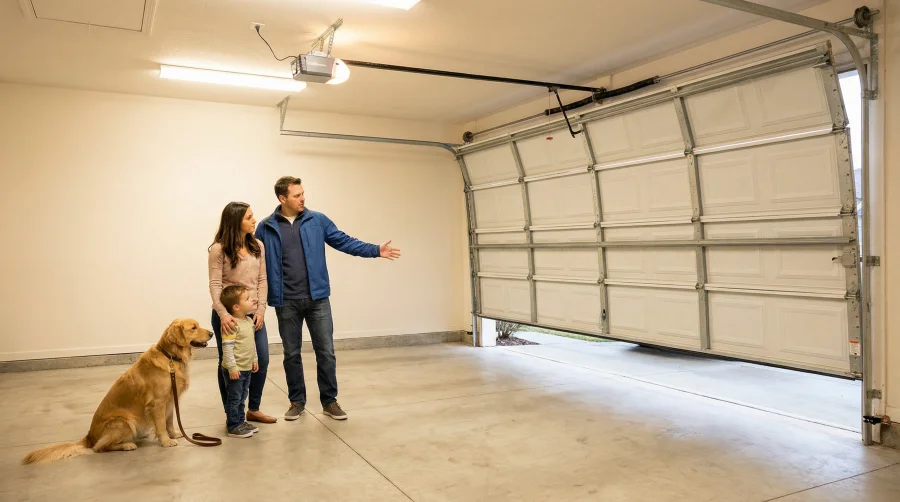 A family with a dog stands in an empty garage, looking at the partially open garage door. The man gestures toward the door while the woman holds the hand of a small child. The garage is clean and well-lit.