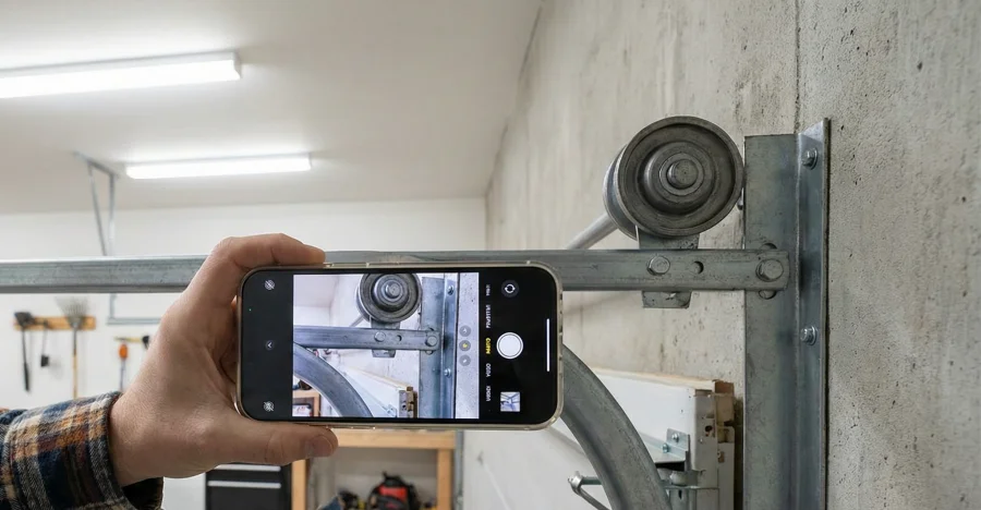 A hand holds a smartphone to take a close-up photo of a metal garage door track and wheel mechanism mounted on a concrete wall in a garage.
