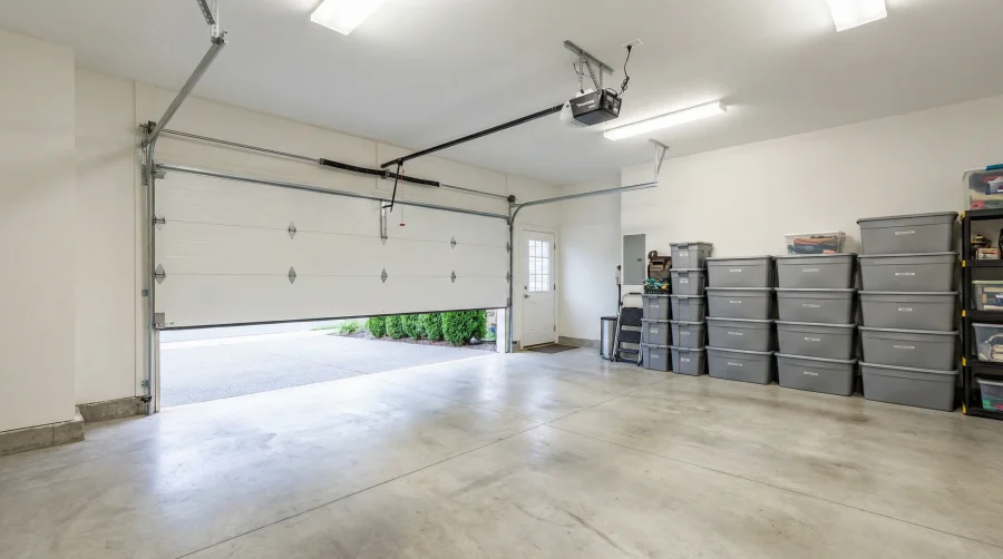 A clean, spacious garage with a partially open door, stacked gray storage bins along the right wall, and bright overhead lighting. The floor is bare concrete and theres a white door leading outside.