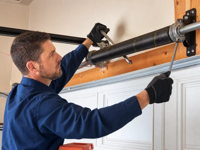 A man wearing gloves and a blue shirt uses tools to adjust or repair a garage door torsion spring above a white garage door.