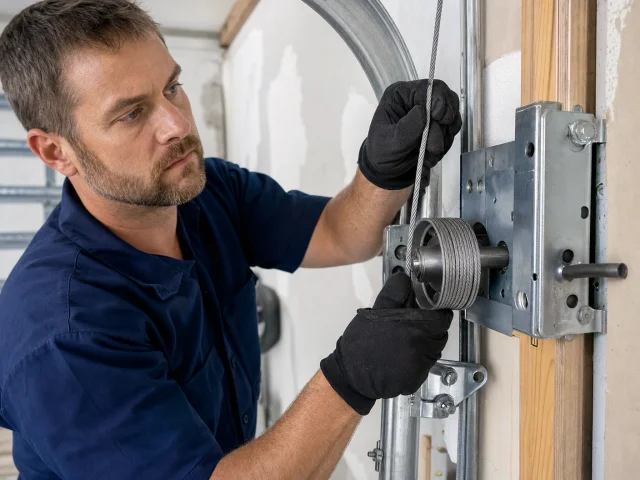 A man wearing black gloves and a blue shirt repairs or adjusts a garage door cable mechanism, focusing intently as he works with tools on the metal components.