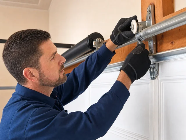 A man wearing gloves and a blue shirt repairs or installs a garage door, adjusting a roller on the metal track attached to the wooden frame.