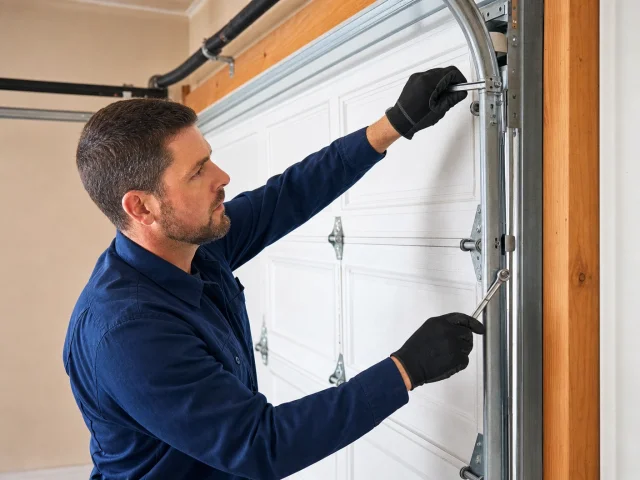 A man wearing a blue shirt and black gloves uses tools to repair or adjust the metal track of a white garage door inside a garage.