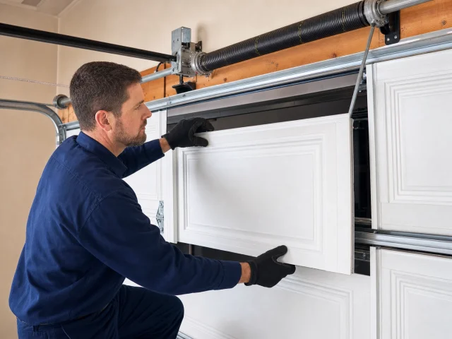 A man wearing gloves and a blue uniform installs or repairs a white garage door panel, working carefully with both hands while standing indoors.