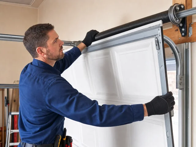 A man wearing gloves and a blue shirt repairs or installs a white garage door, using tools and adjusting the door’s upper section near the spring mechanism.