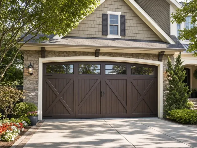 A suburban house with stone and siding exterior, featuring a large brown wooden garage door with cross-brace design, windows along the top, lantern-style light, and landscaped plants and flowers nearby.