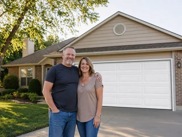 A smiling middle-aged couple stands arm in arm on the driveway in front of a suburban house with a two-car garage and well-kept landscaping on a sunny day.