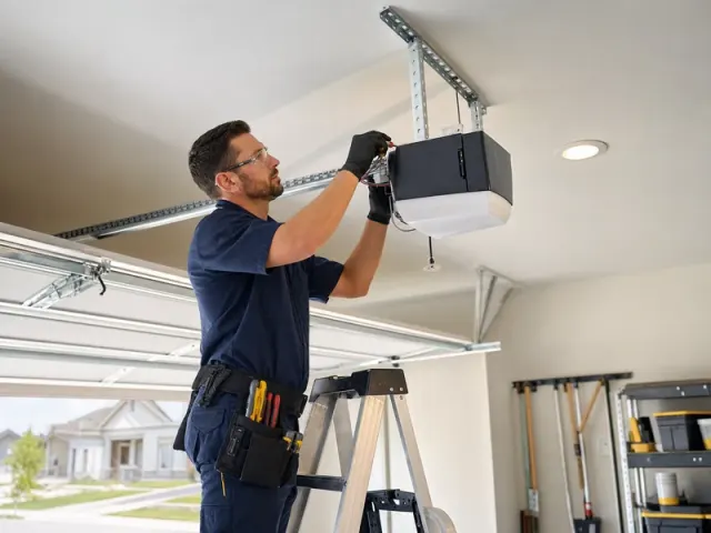 A technician stands on a ladder in a garage, repairing or installing a garage door opener. He is wearing gloves, glasses, and a utility belt with tools. The garage door is partially open, and storage items are visible in the background.