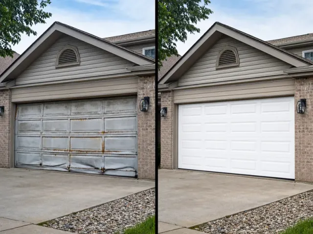 Split image showing a garage door before and after replacement; the left side has a damaged, rusty door, while the right side has a new, clean white garage door.
