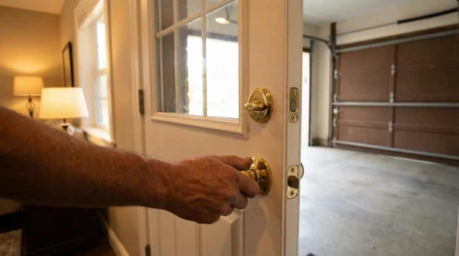 A person’s hand turning the brass doorknob of a white door leading from a well-lit house interior to an empty garage with brown doors.
