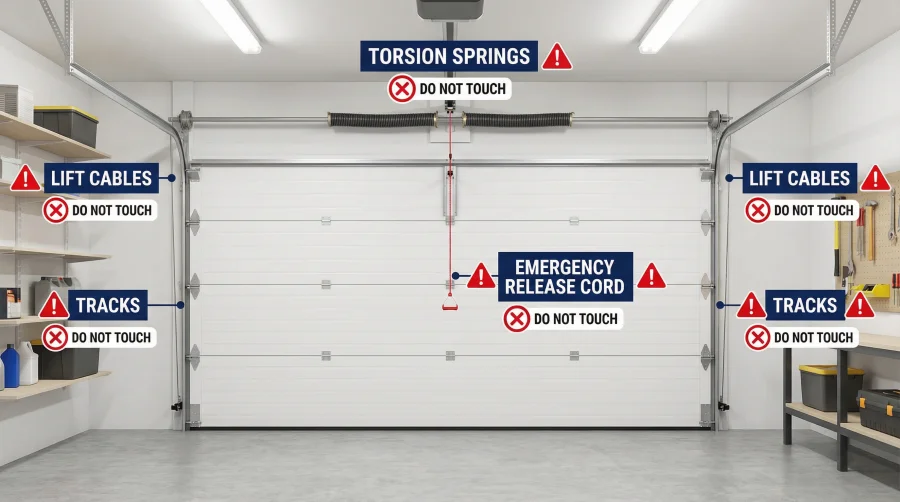 A closed garage door with labeled safety warnings: Do Not Touch on torsion springs, lift cables, tracks, and emergency release cord. The garage has shelves and tools on both walls.