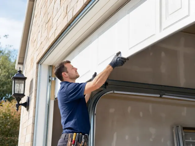 A man wearing gloves and a tool belt is repairing or installing a white garage door on a house with a brick exterior. He is lifting the door panel inside a partially open garage.