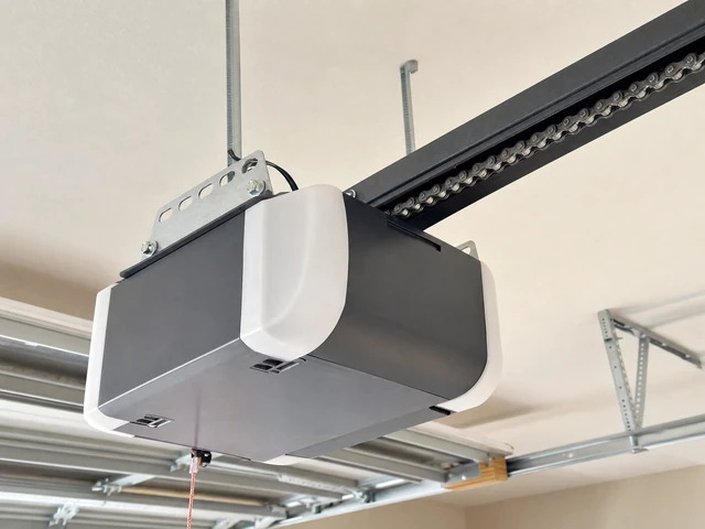 A close-up view of a modern garage door opener mounted on the ceiling, with a metal track and chain extending toward the garage door. A close-up view of a modern garage door opener mounted on the ceiling, with a metal track and chain extending toward the garage door.