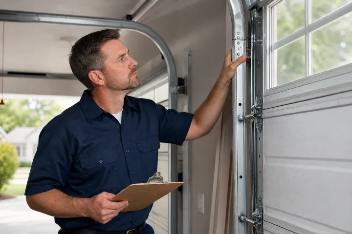 A man in a navy shirt holds a clipboard and inspects the metal frame of a garage door, looking closely at its mechanism and track. A man in a navy shirt holds a clipboard and inspects the metal frame of a garage door, looking closely at its mechanism and track.