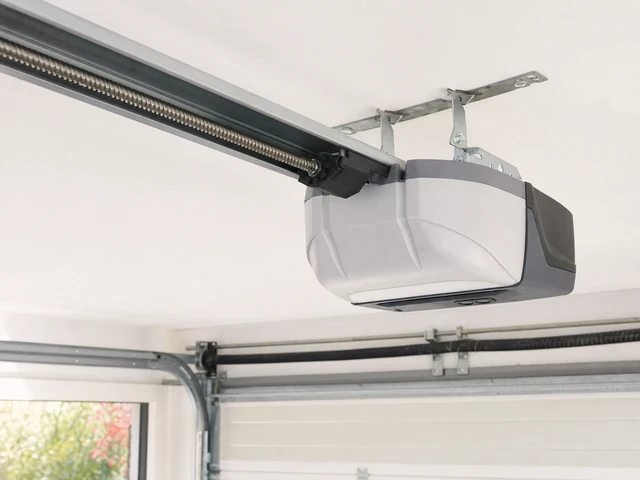 A close-up view of a ceiling-mounted garage door opener with a metal rail and motor housing, installed above a partially visible garage door inside a garage. A close-up view of a ceiling-mounted garage door opener with a metal rail and motor housing, installed above a partially visible garage door inside a garage.