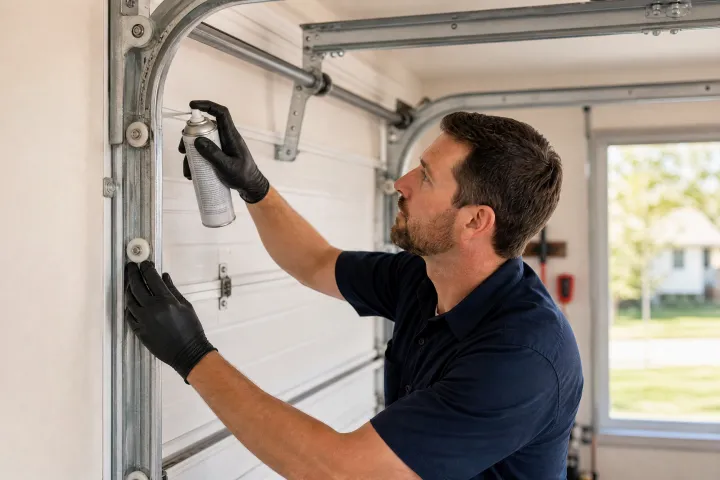 A man wearing black gloves uses a spray can to lubricate the metal hinges and tracks of a white garage door inside a garage. Daylight is visible through a window in the background. A man wearing black gloves uses a spray can to lubricate the metal hinges and tracks of a white garage door inside a garage. Daylight is visible through a window in the background.