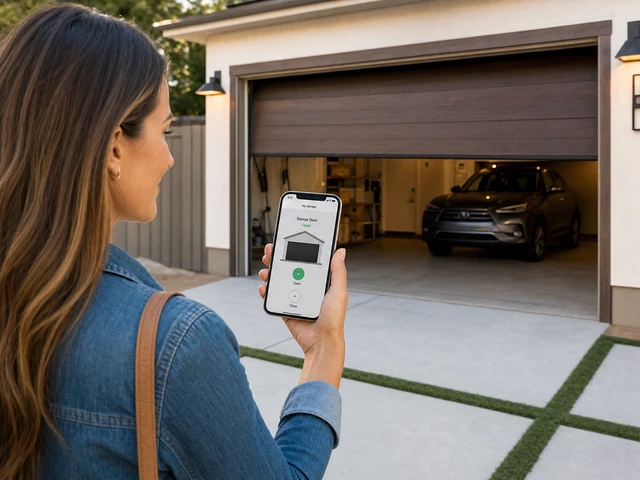 A woman stands outside a house holding a smartphone, using an app to control an open garage door. A car is parked inside the clean, organized garage. A woman stands outside a house holding a smartphone, using an app to control an open garage door. A car is parked inside the clean, organized garage.