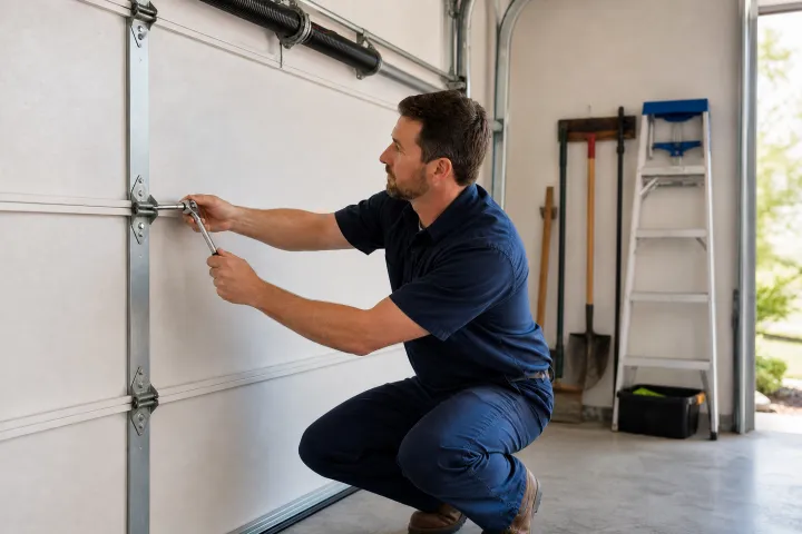 A man kneels while tightening a bolt on a garage door with a wrench in a well-lit garage, with tools and a ladder visible in the background. A man kneels while tightening a bolt on a garage door with a wrench in a well-lit garage, with tools and a ladder visible in the background.