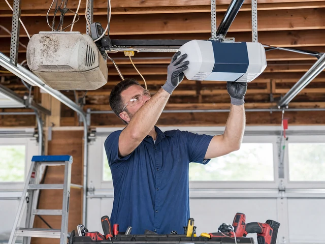 A man wearing safety glasses and gloves installs or repairs a garage door opener inside a garage. Tools are visible in his tool belt and the background shows a ladder and garage doors. A man wearing safety glasses and gloves installs or repairs a garage door opener inside a garage. Tools are visible in his tool belt and the background shows a ladder and garage doors.