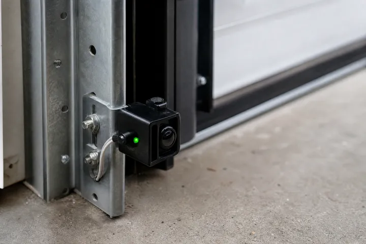 Close-up of a garage door sensor with a green indicator light, mounted on a metal bracket near the floor at the edge of a garage door track. Close-up of a garage door sensor with a green indicator light, mounted on a metal bracket near the floor at the edge of a garage door track.