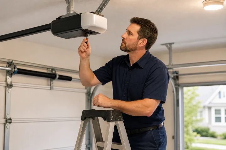 A man standing on a stepladder uses a screwdriver to adjust a garage door opener mounted on the ceiling in a residential garage. A man standing on a stepladder uses a screwdriver to adjust a garage door opener mounted on the ceiling in a residential garage.