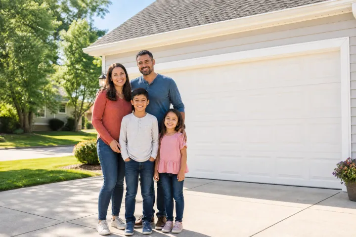 A smiling family of four stands in front of a house with a closed white garage door. The parents stand behind their young son and daughter, all wearing casual clothes, on a sunny day. Trees and shrubs are visible in the background. A smiling family of four stands in front of a house with a closed white garage door. The parents stand behind their young son and daughter, all wearing casual clothes, on a sunny day. Trees and shrubs are visible in the background.