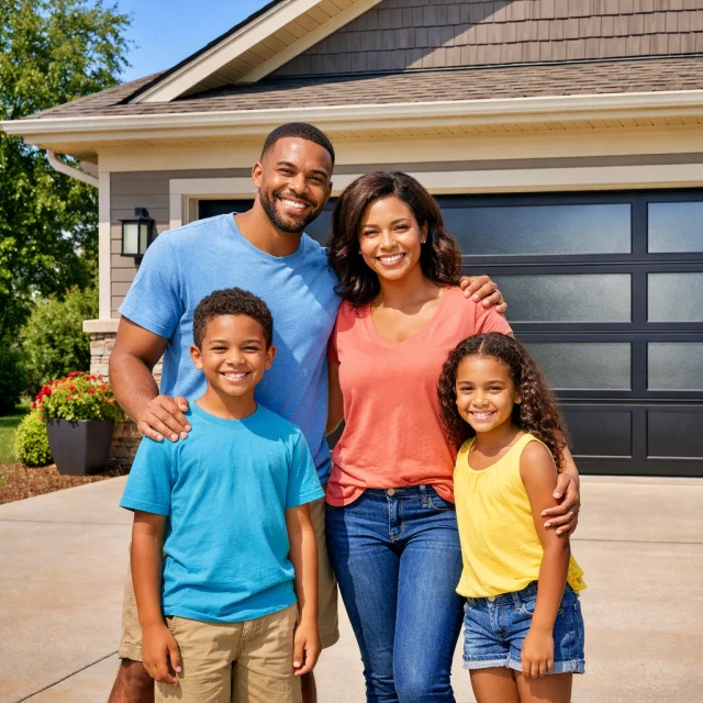A smiling family of four stands together in front of a modern house with a dark garage door. The parents and two children pose closely, dressed in colorful casual clothes on a sunny day. A smiling family of four stands together in front of a modern house with a dark garage door. The parents and two children pose closely, dressed in colorful casual clothes on a sunny day.
