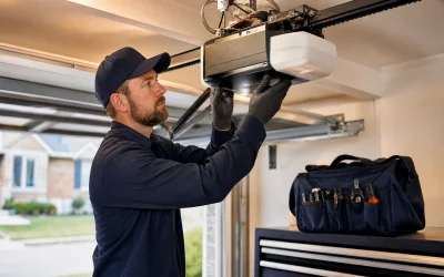A technician wearing a navy cap and gloves adjusts a garage door opener inside a garage. A tool bag sits nearby on a cabinet.
