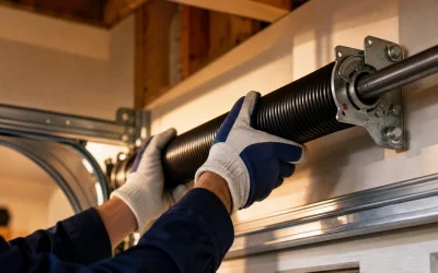 A person wearing gloves adjusts a black torsion spring on a garage door mechanism mounted above the door.