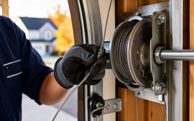 A person wearing black gloves adjusts the steel cable mechanism of a garage door opener inside a garage, with houses and trees visible outside.