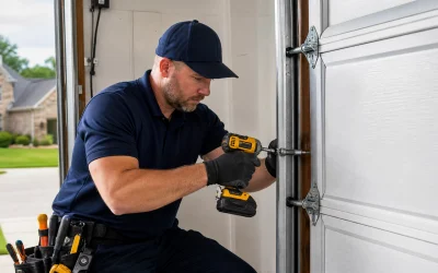 A man wearing a navy shirt, cap, and gloves uses a power drill to repair or install a garage door. He has a tool belt and is working indoors near the garage entrance.