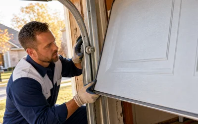 A man wearing gloves and a uniform repairs or installs a white garage door, securing it to the metal track. Trees and a house are visible outside in the background.