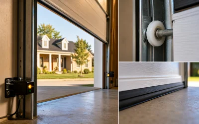 A garage door is partially open; close-ups show the doors rubber seal, a roller, and a safety sensor. A house and trees are visible outside.