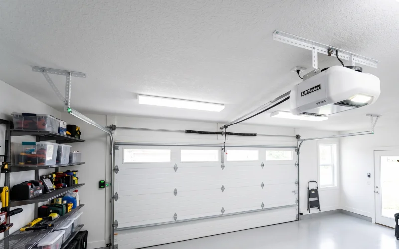 Clean garage with white walls, closed white door, overhead tool shelves, ceiling-mounted opener, bright lighting.