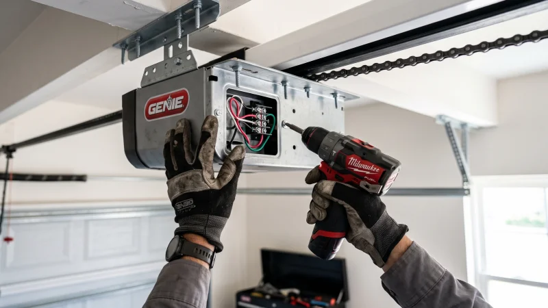 A person wearing gloves uses a power drill to work on the wiring inside a Genie garage door opener mounted to the ceiling.